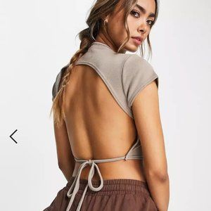 ASOS Wednesday's Girl open back rib crop top in stone